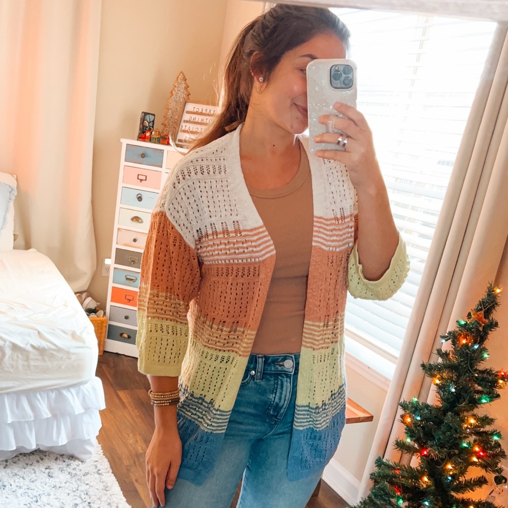 (maurices) bright colorful striped knit 3/4 sleeve cardigan women’s size XS